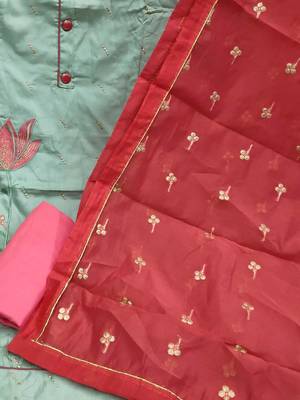 green & red embroidered unstitched dress material 4