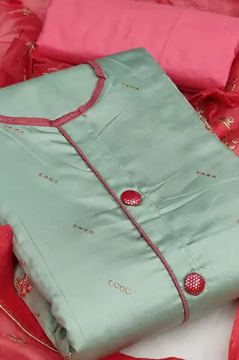 green & red embroidered unstitched dress material