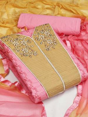 pink & mustard embroidered unstitched dress material 1