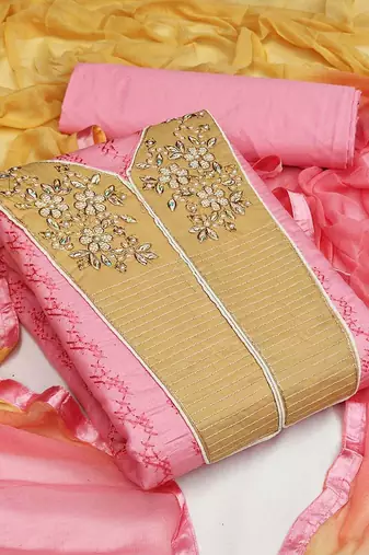 pink & mustard embroidered unstitched dress material