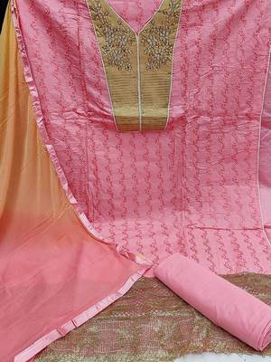 pink & mustard embroidered unstitched dress material 2
