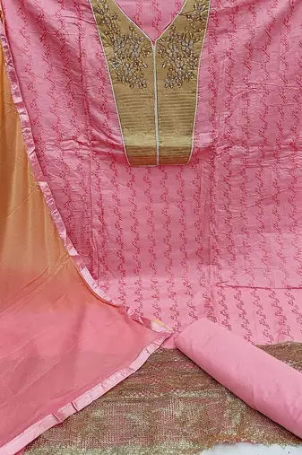 pink & mustard embroidered unstitched dress material