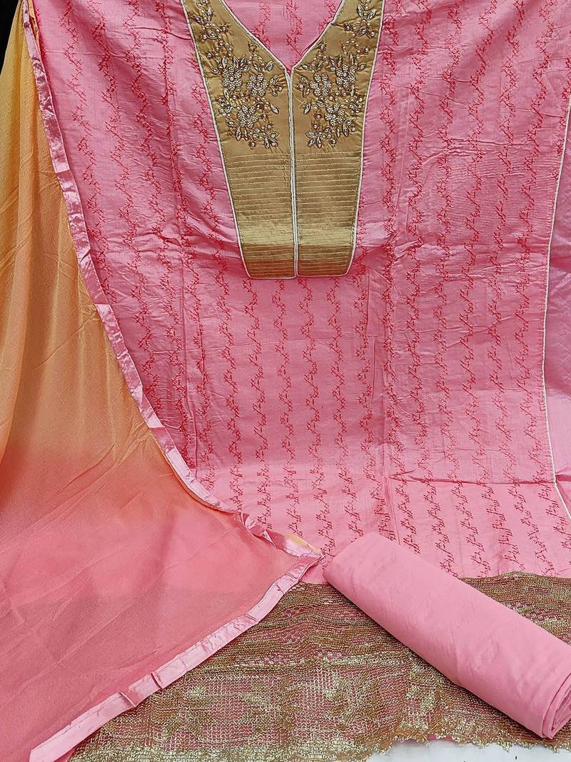 pink & mustard embroidered unstitched dress material