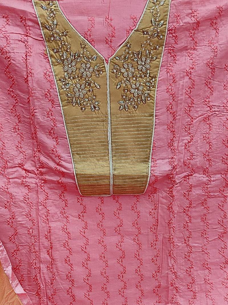 pink & mustard embroidered unstitched dress material