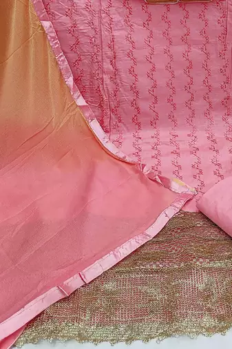 pink & mustard embroidered unstitched dress material