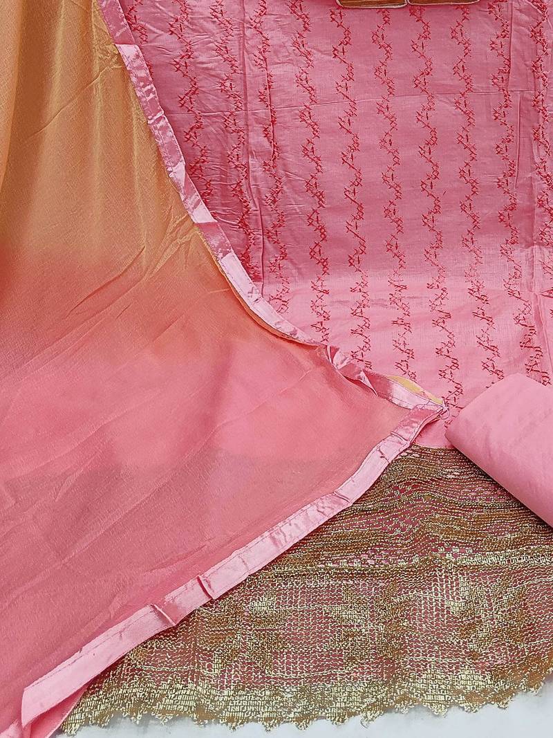 pink & mustard embroidered unstitched dress material