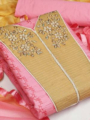 pink & mustard embroidered unstitched dress material 5
