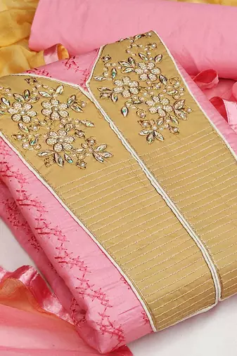 pink & mustard embroidered unstitched dress material