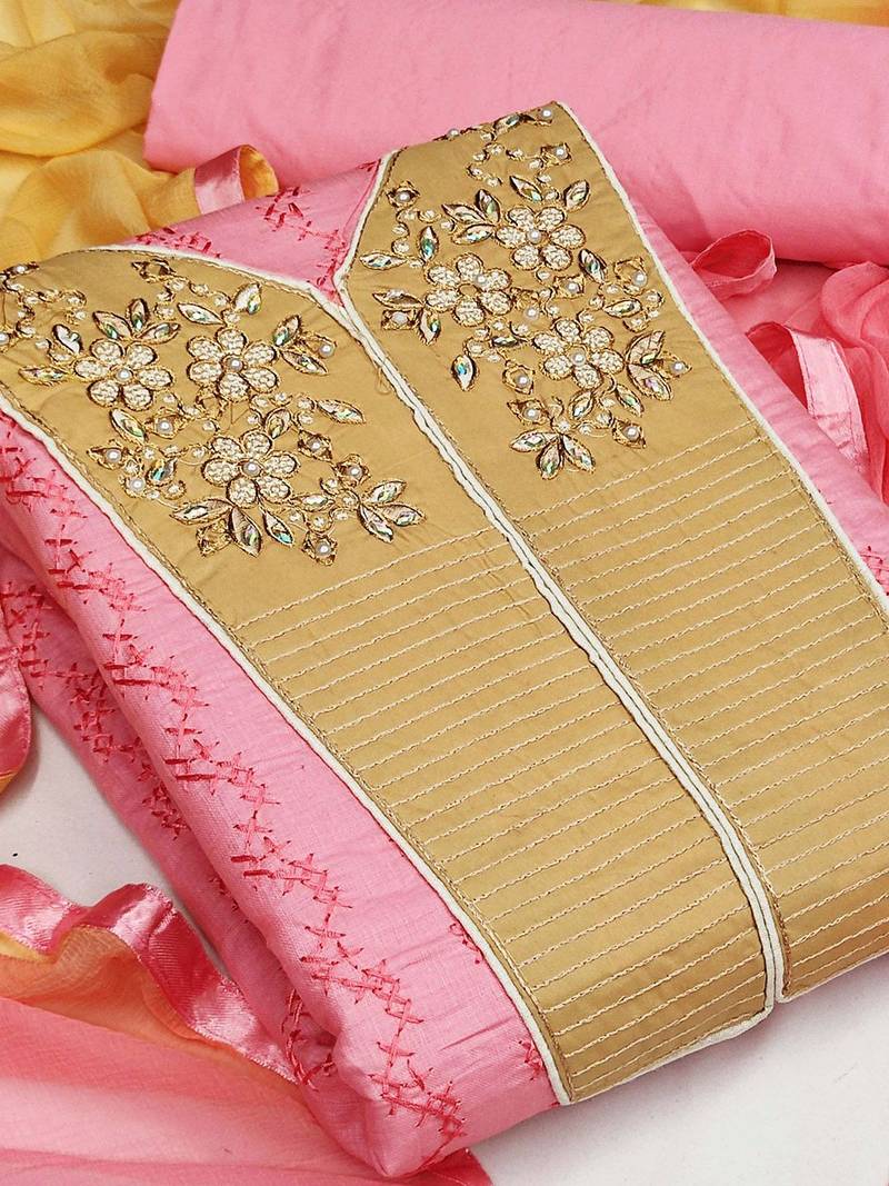 pink & mustard embroidered unstitched dress material