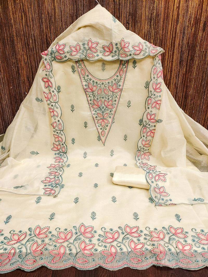 floral embroidered chanderi cotton unstitched dress material