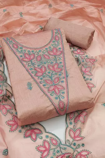 floral embroidered chanderi cotton unstitched dress material