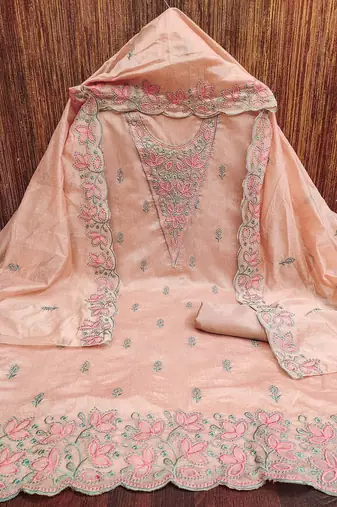 floral embroidered chanderi cotton unstitched dress material