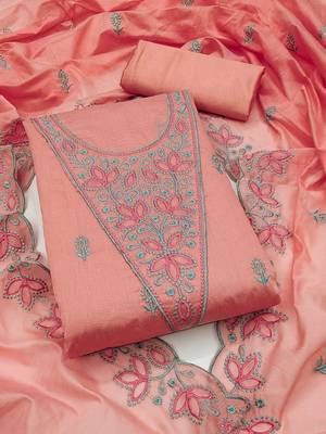 floral embroidered chanderi cotton unstitched dress material 2
