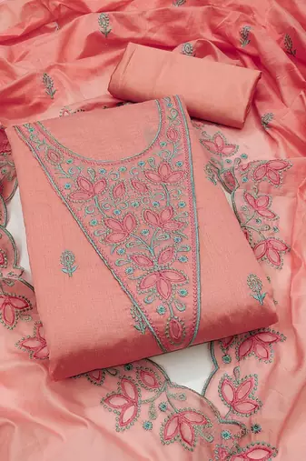 floral embroidered chanderi cotton unstitched dress material