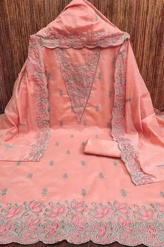 floral embroidered chanderi cotton unstitched dress material