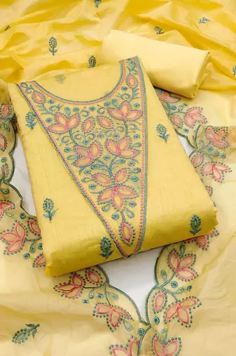floral embroidered chanderi cotton unstitched dress material