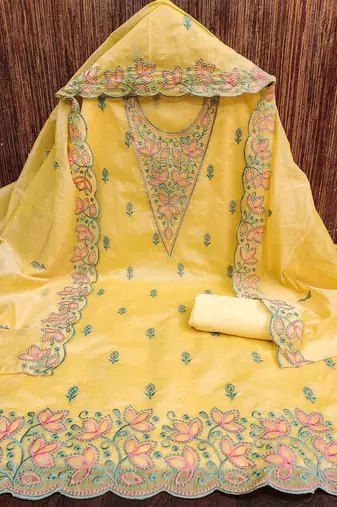 floral embroidered chanderi cotton unstitched dress material