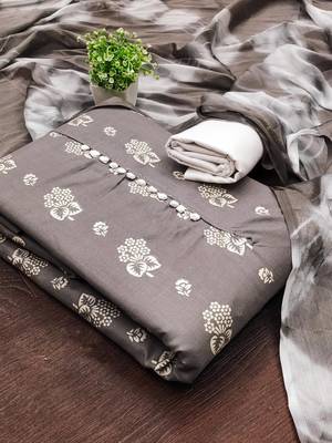 women grey printed floral dress material 1