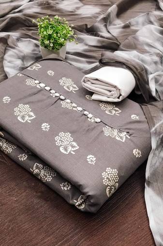 women grey printed floral dress material