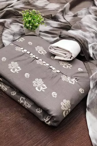 women grey printed floral dress material