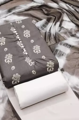 women grey printed floral dress material