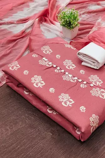 women peach printed floral dress material