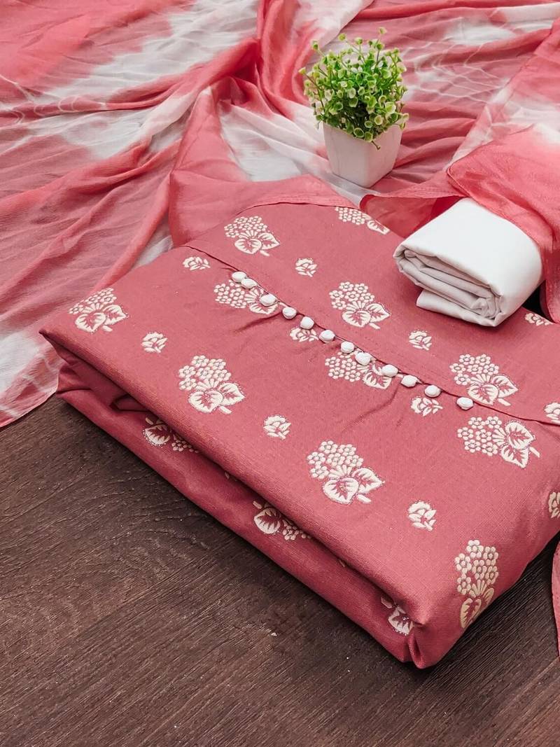 women peach printed floral dress material