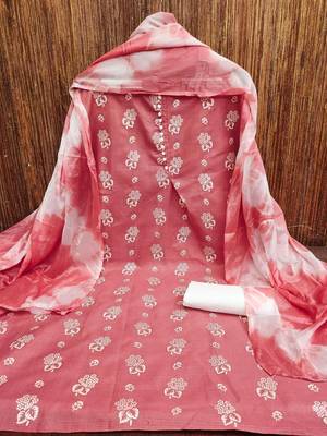 women peach printed floral dress material 2