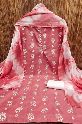 women peach printed floral dress material