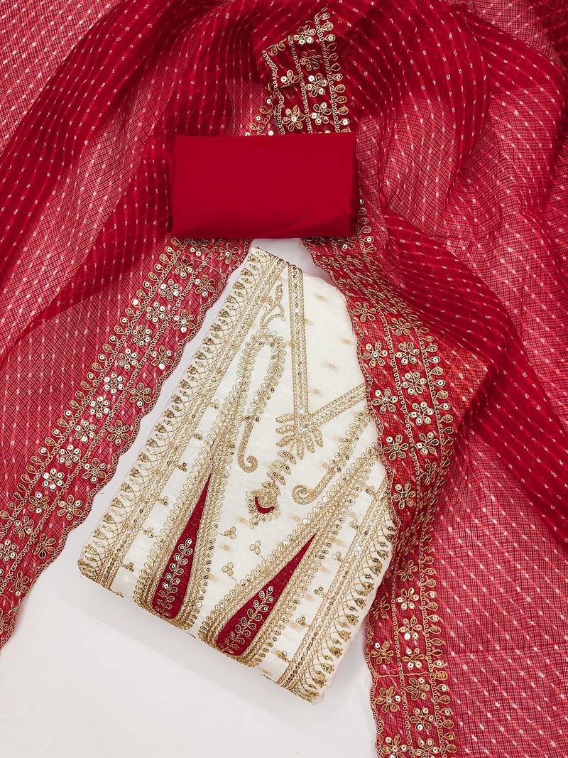 paisley embroidered sequinned chanderi butti silk unstitched dress material