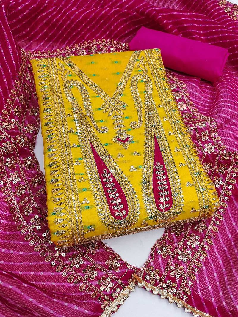 paisley embroidered sequinned chanderi butti silk unstitched dress material