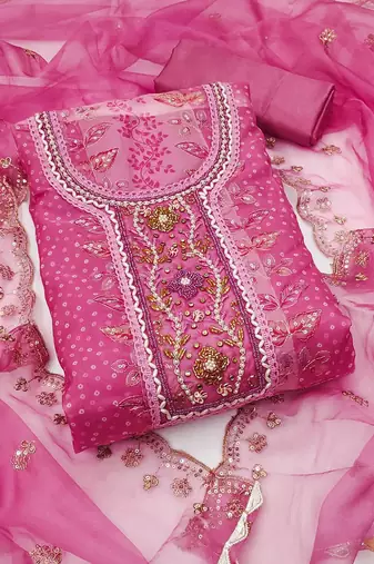 floral embroidered beads and stones organza semi-stitched dress material