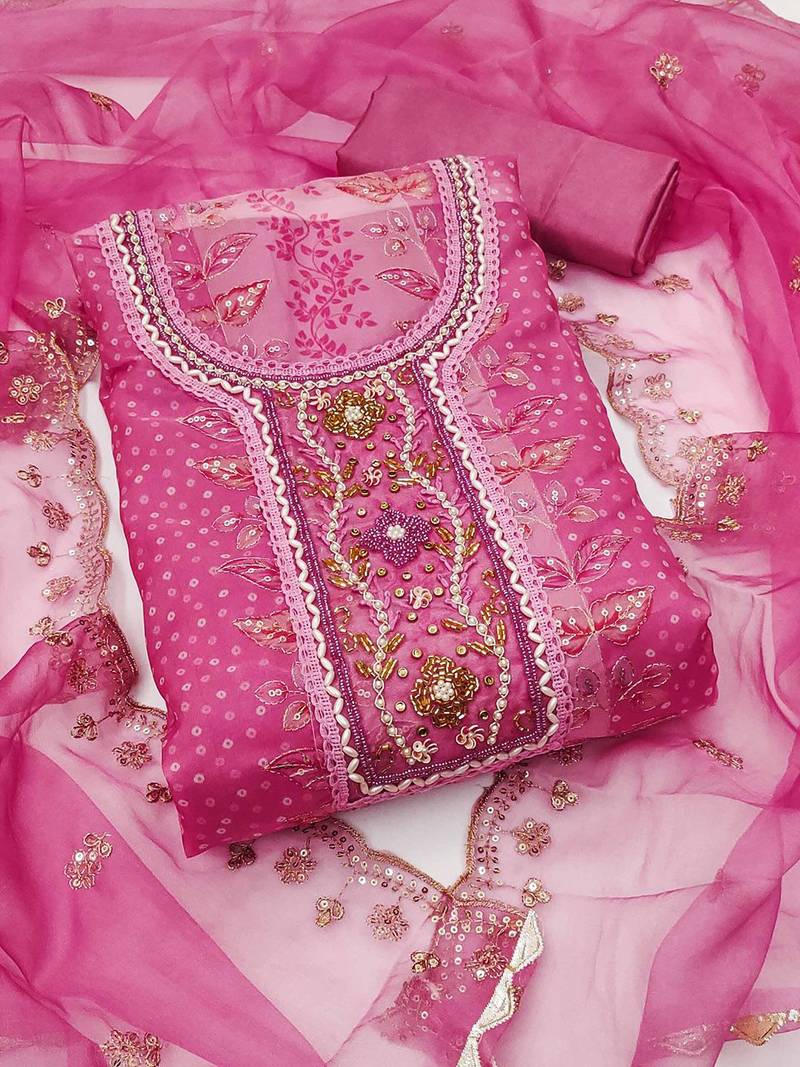 floral embroidered beads and stones organza semi-stitched dress material