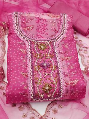 floral embroidered beads and stones organza semi-stitched dress material 2
