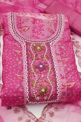floral embroidered beads and stones organza semi-stitched dress material