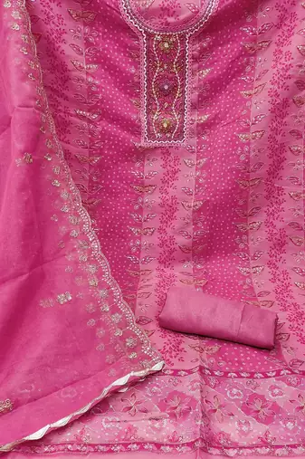 floral embroidered beads and stones organza semi-stitched dress material