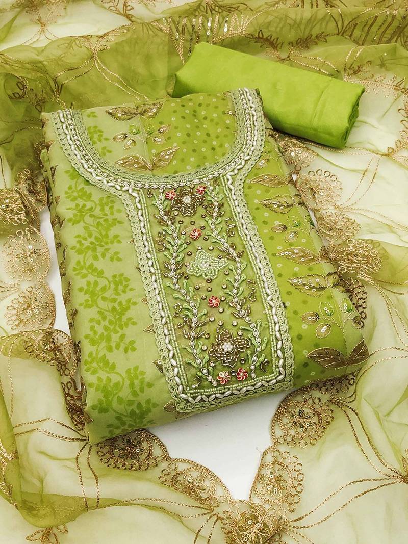 embroidered organza semi-stitched dress material