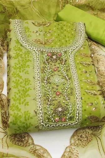 embroidered organza semi-stitched dress material