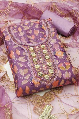 embroidered organza semi-stitched dress material
