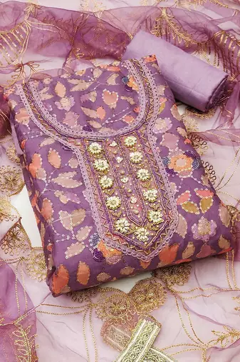 embroidered organza semi-stitched dress material