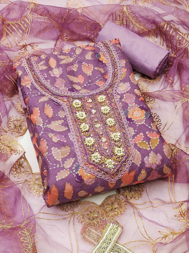 embroidered organza semi-stitched dress material