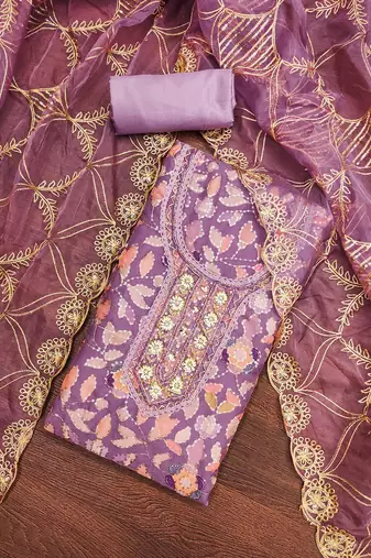 embroidered organza semi-stitched dress material