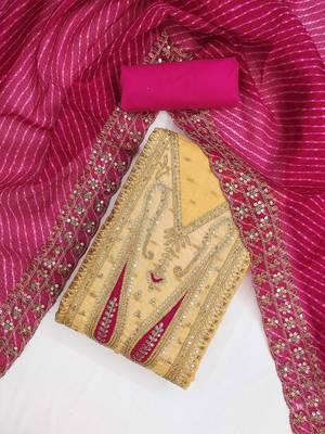 paisley embroidered sequinned chanderi butti silk unstitched dress material 1