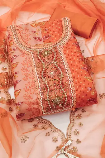 embroidered organza semi-stitched dress material