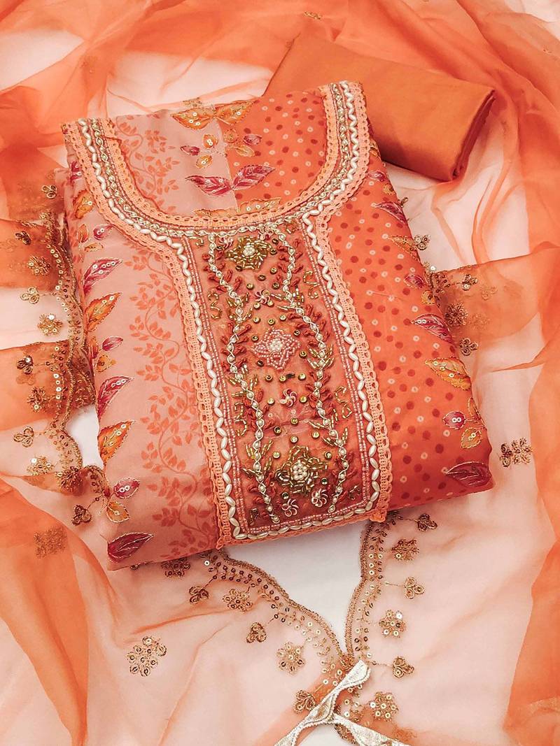 embroidered organza semi-stitched dress material