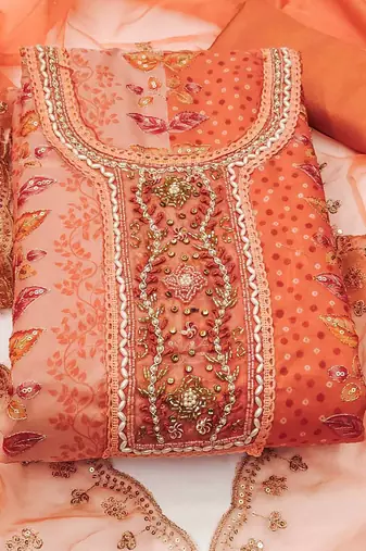 embroidered organza semi-stitched dress material