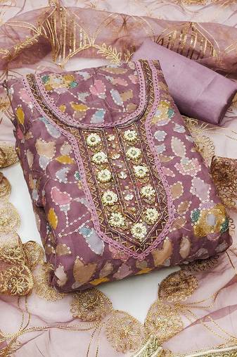 floral embroidered beads and stones organza semi-stitched dress material