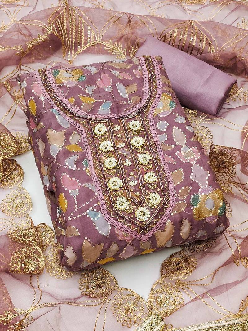 floral embroidered beads and stones organza semi-stitched dress material