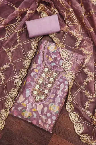 floral embroidered beads and stones organza semi-stitched dress material