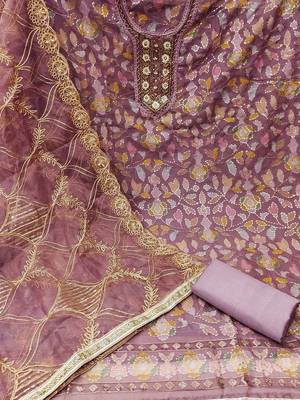 floral embroidered beads and stones organza semi-stitched dress material 3